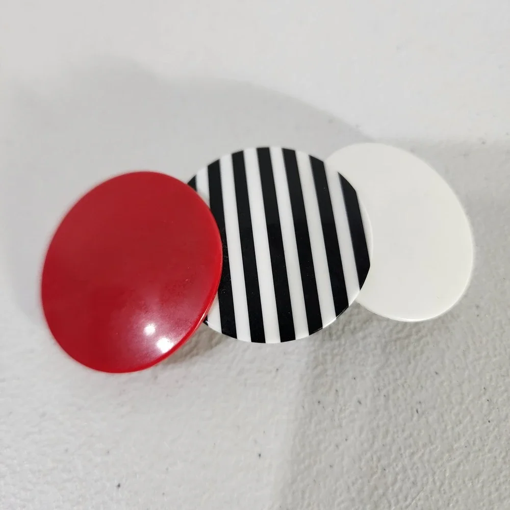 Vintage Mod Style Geometric Circle Hair Barrette Red White Black Striped Clip